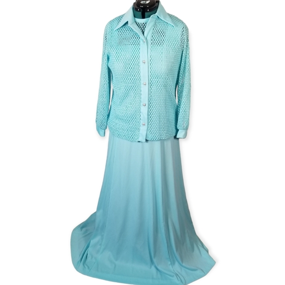 Vintage Dresses & Skirts - Vintage 70s Aqua Blue Hostess Dress Set, Dagger Collar Women 18 XL